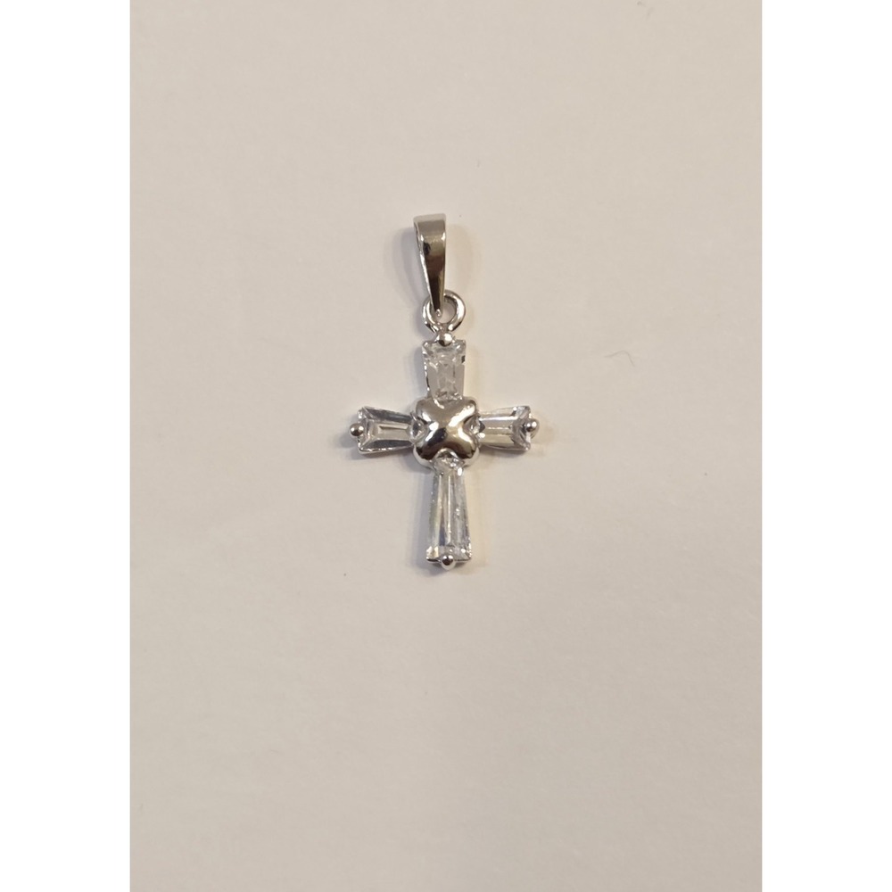 Sterling Silver & Baguette Cut Stone Cross Pendant 925